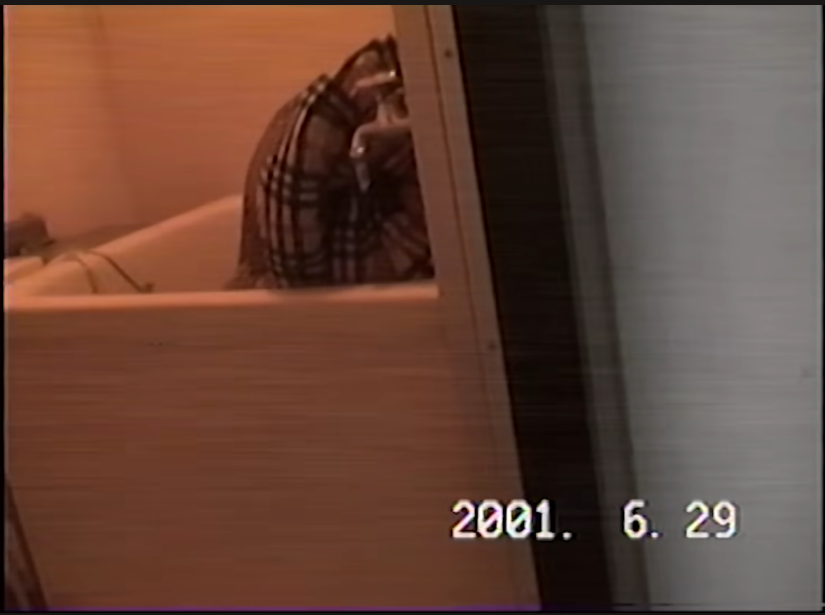 2001年6月29日の日付が表示された浴室の本編スクリーンショット。浴室内の人物の身元は確定できない。
